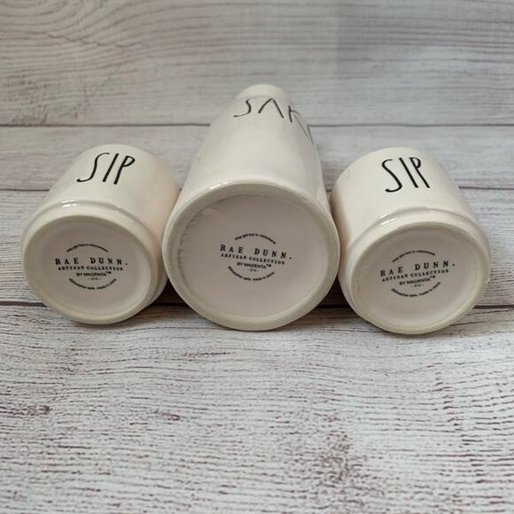 Rae Dunn Sake Sip Sip Set White with Black Lettering 1 Pitcher 2 Cups - Picture 8 of 10